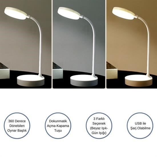 SELFTREND® Yuvarlak USBli Dokunmatik 3 Kademeli 360 Derece Özel Göz Korumalı Led Lityum Masa Lambası - Görsel 7